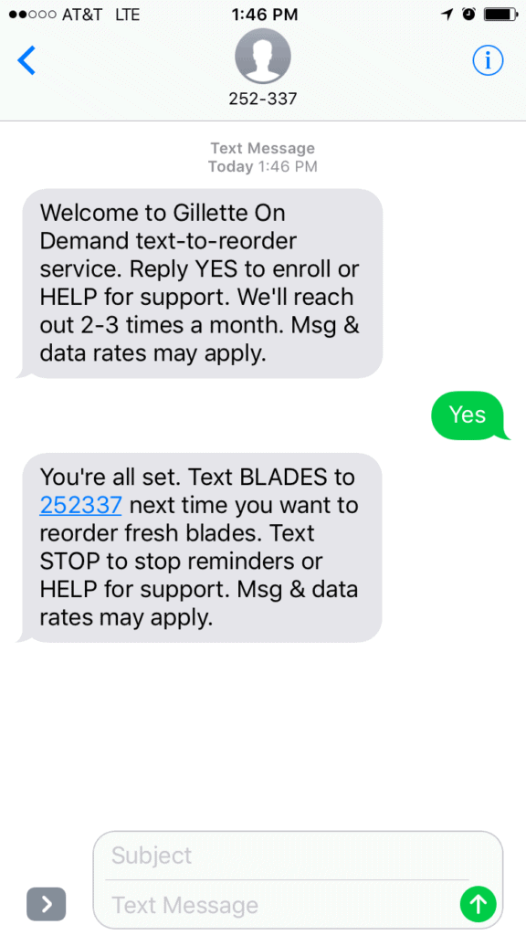 Gillette Text Message Ordering